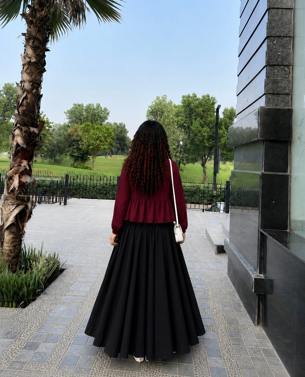 Elegant Maroon Peplum Shirt with Flared Black Maxi Skirt – 2 Piece Modest Co-Ord Set