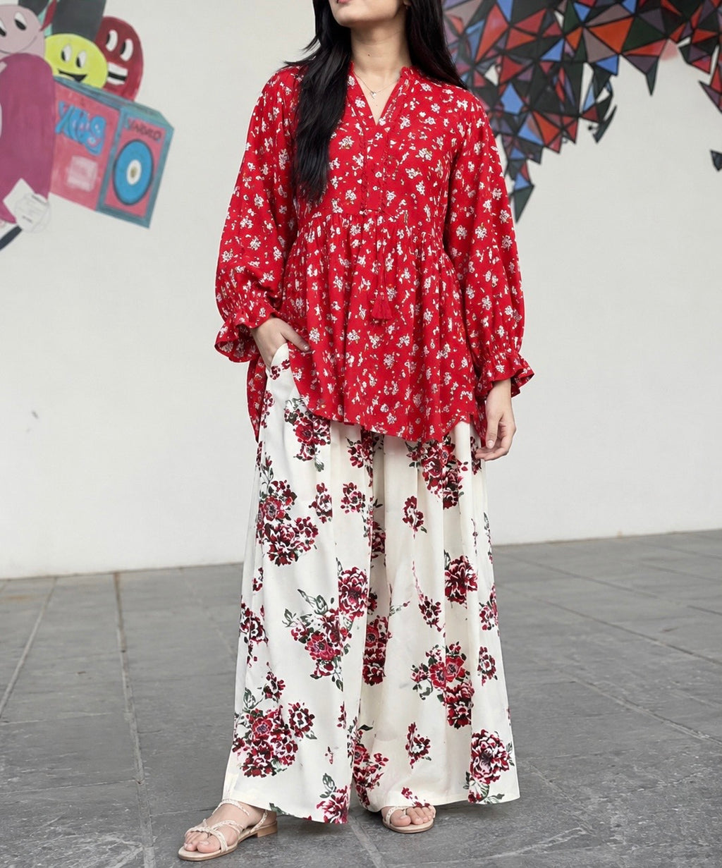 Ruby Bloom Floral Peplum Kurta with Printed Palazzo Co-Ord Set