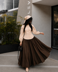 Mocha Grace Co-Ord Set – Beige Buttoned Top & Chocolate Brown Flare Skirt
