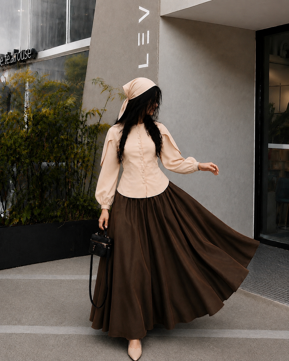 Mocha Grace Co-Ord Set – Beige Buttoned Top & Chocolate Brown Flare Skirt