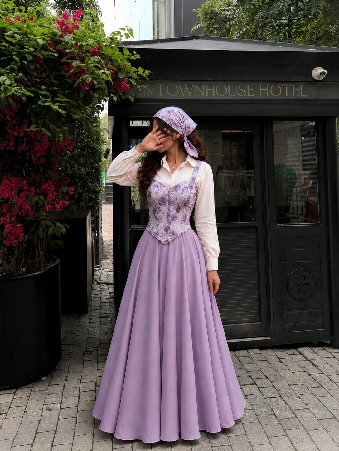 Lilac Bloom Corset & Flared Maxi Skirt Set with White Shirt