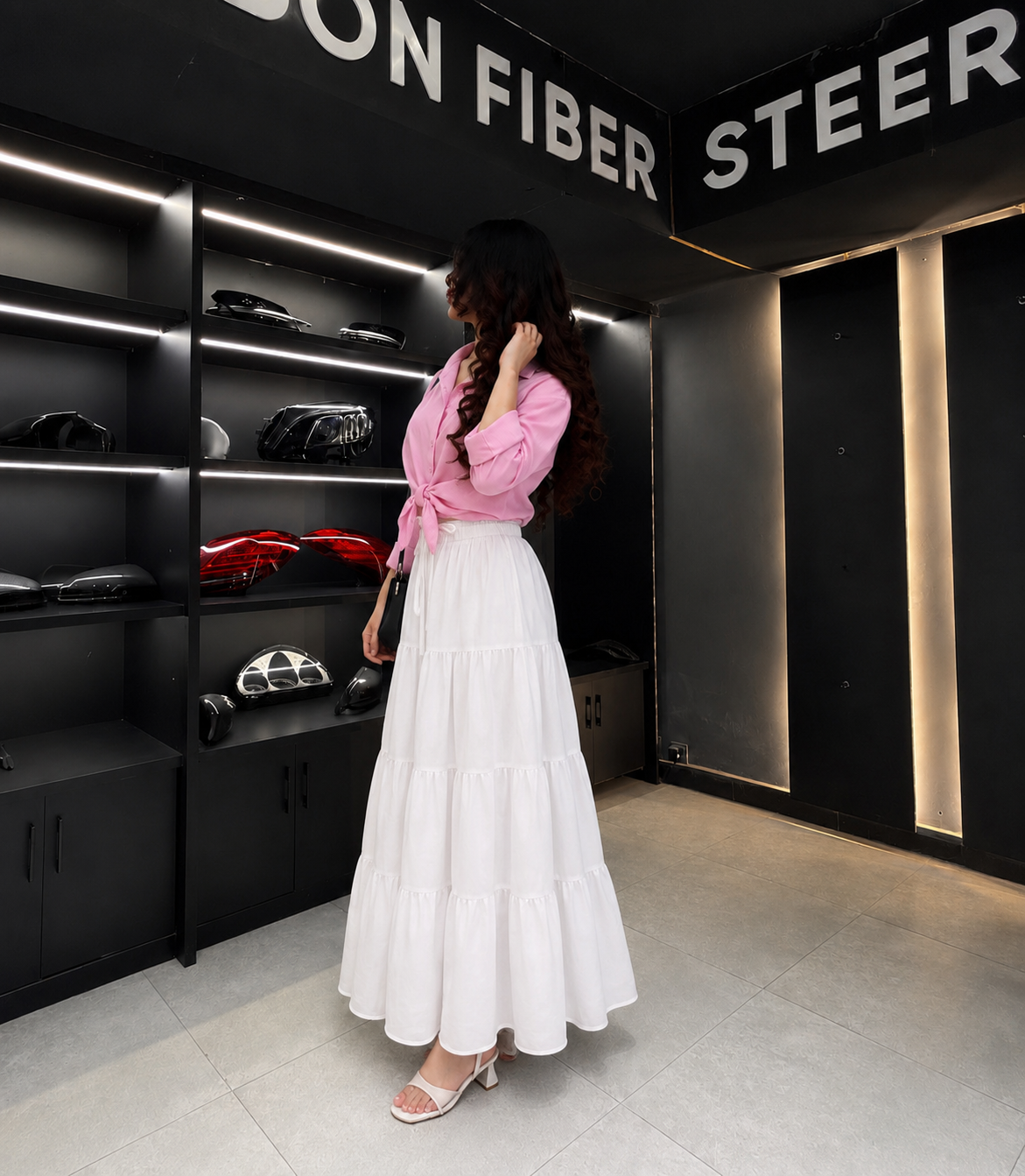 Blush Breeze Tie-Front Shirt with White Tiered Maxi Skirt Set