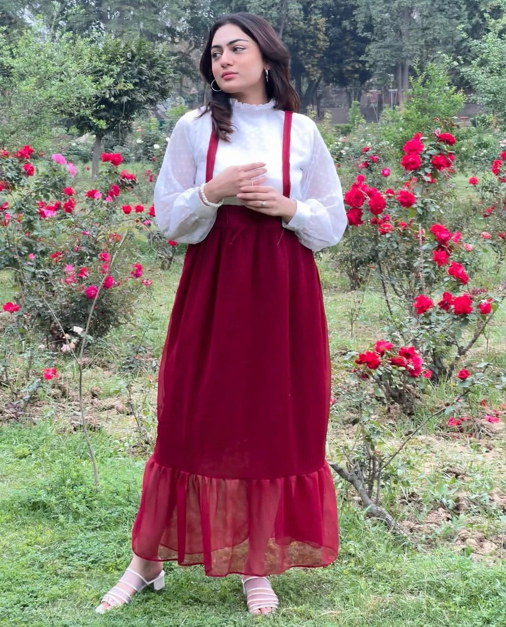 Ruby Grace Layered Maxi Dress – Maroon & White