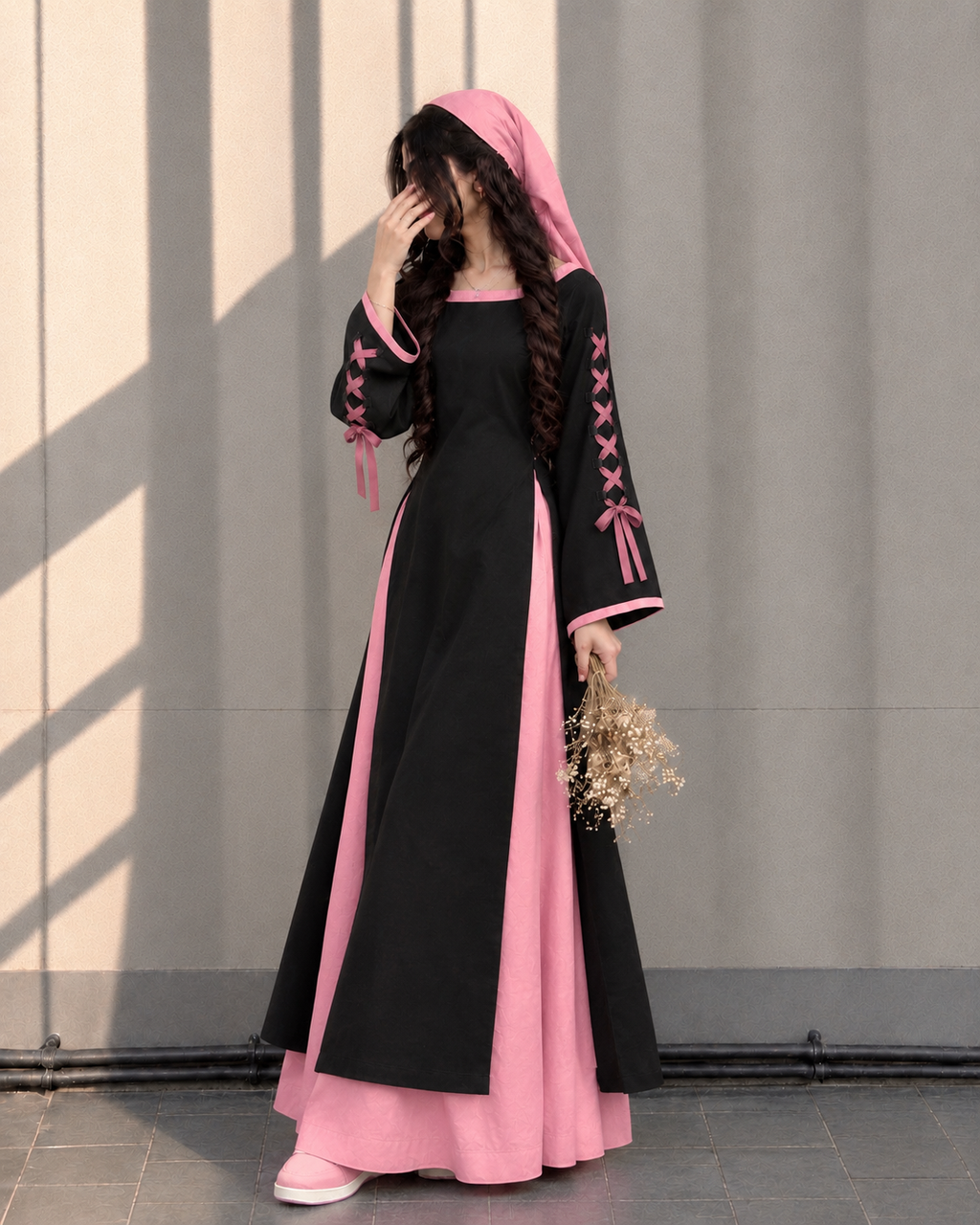 Rose Noir — Black & Pink Lace-Up Flare Dress