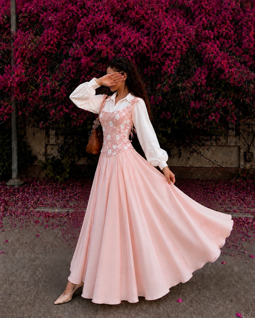 Blush Bloom Corset with skirt and White Puff Sleeve Shirt