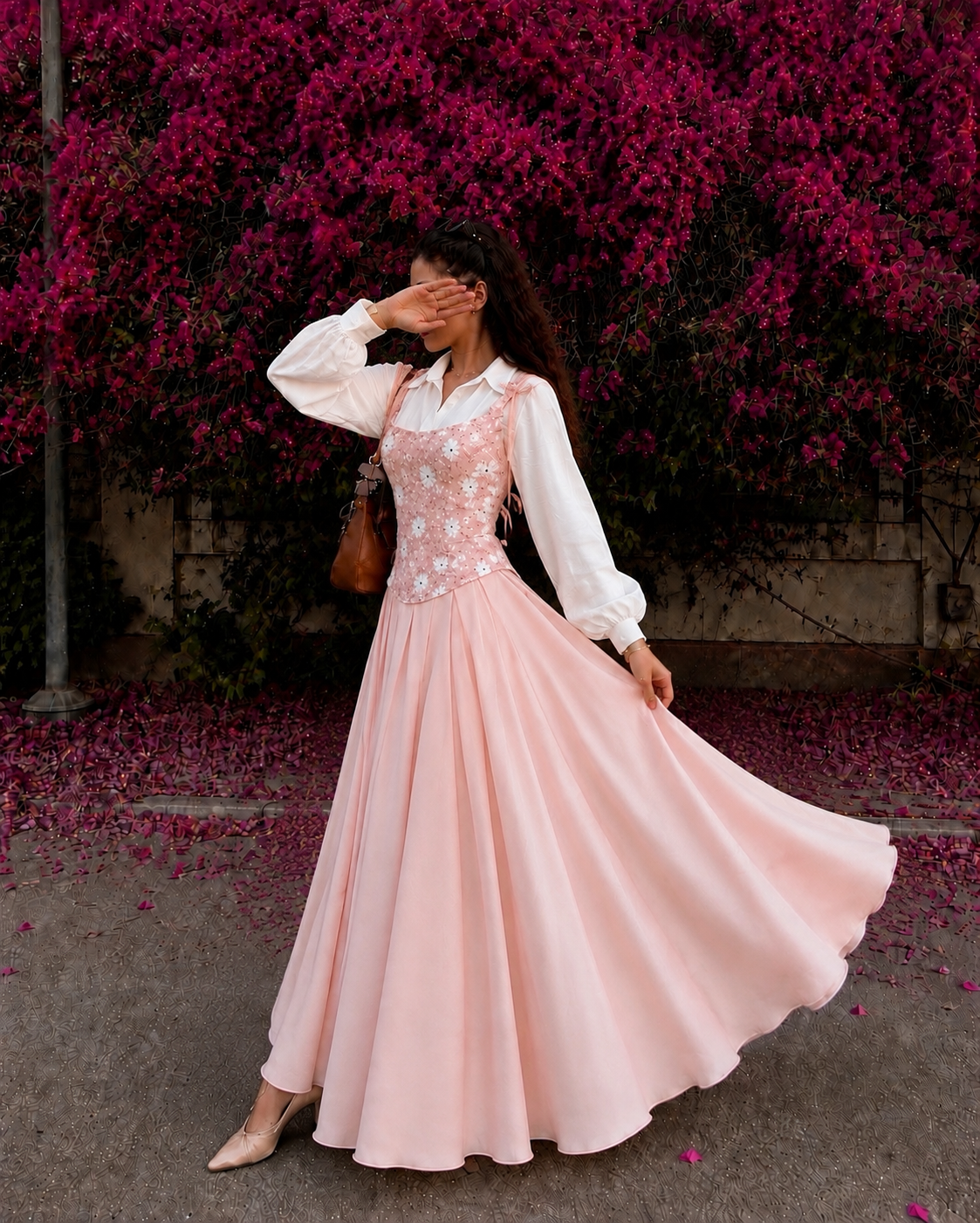 Blush Bloom Corset with skirt and White Puff Sleeve Shirt