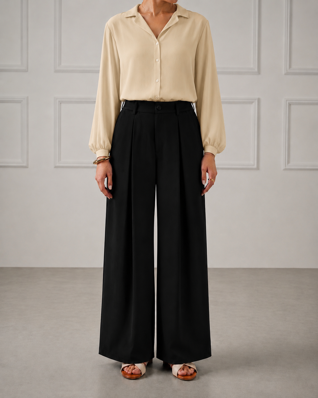Elegant Beige Button-Down Blouse with Black Wide-Leg Trousers Co-Ord Set