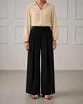 Elegant Beige Button-Down Blouse with Black Wide-Leg Trousers Co-Ord Set