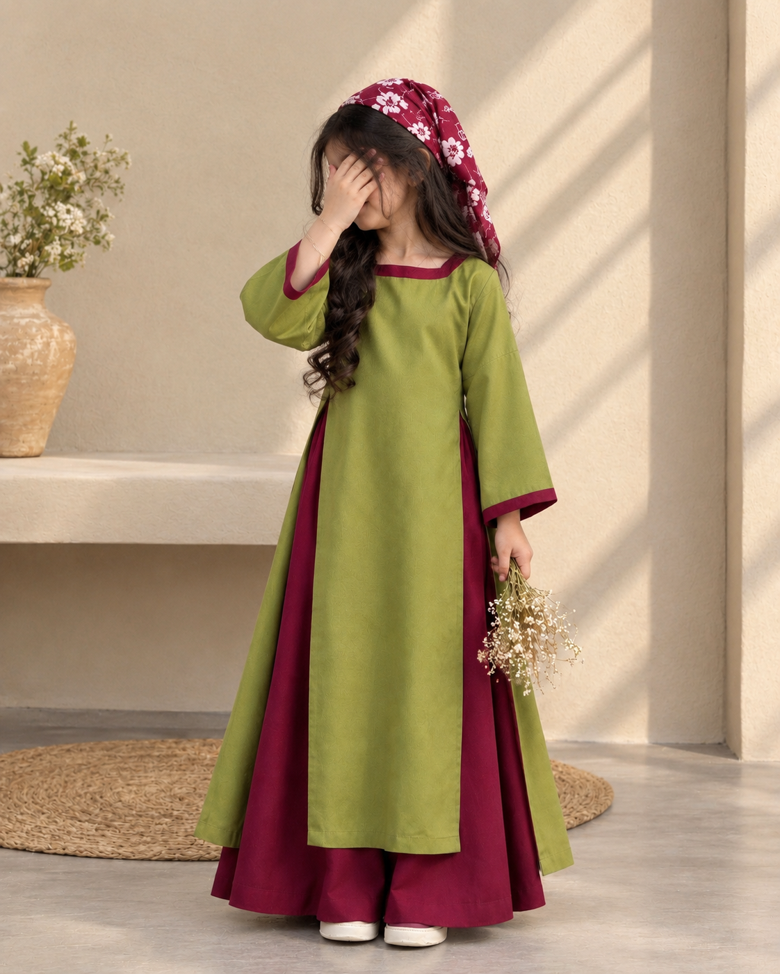 Olive & Maroon Twirl Set | Kids Festive Co-ord