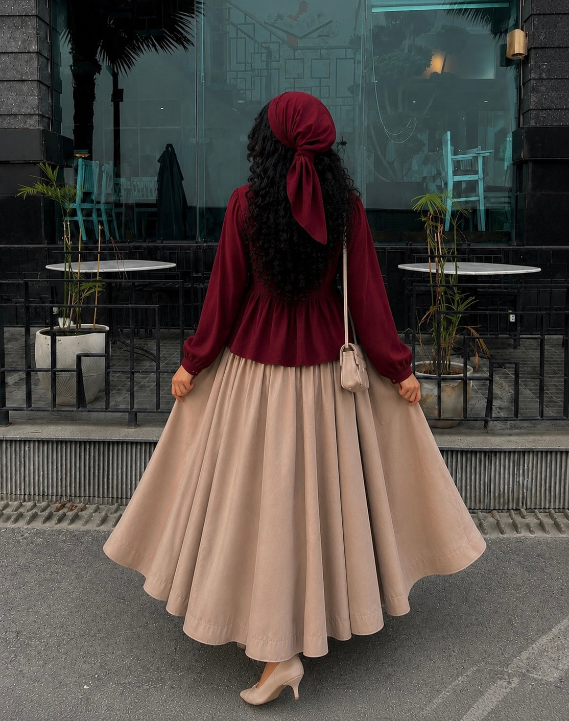 Maroon Peplum Shirt & Beige Flared Maxi Skirt Co-Ord Set