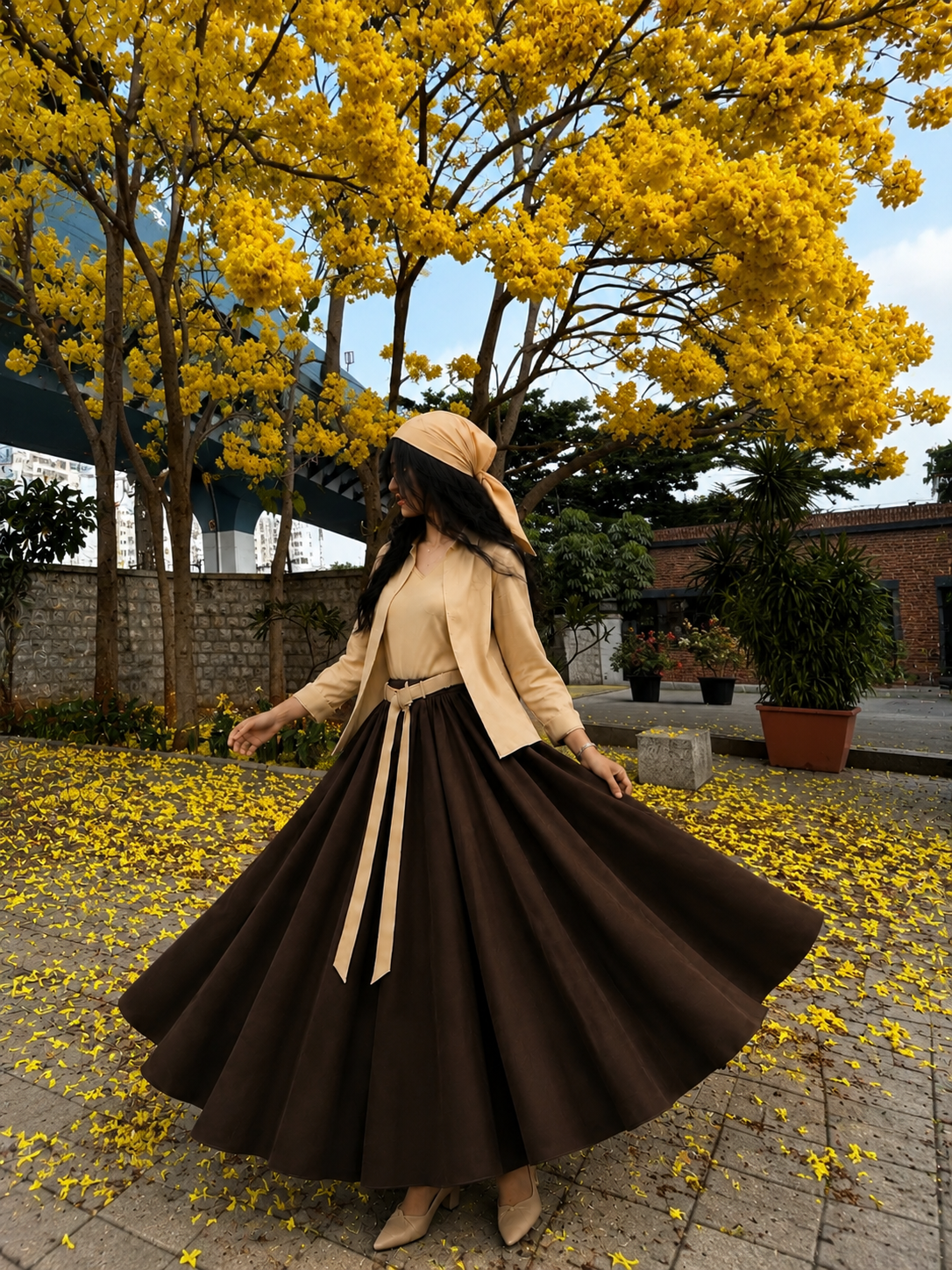 Butter Bloom Co-Ord Set | Butter Yellow Top Inner & Chocolate Brown Flared Skirt