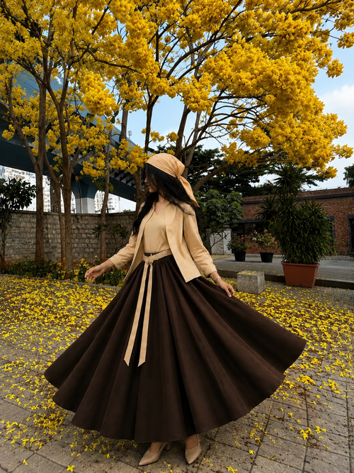 Butter Bloom Co-Ord Set | Butter Yellow Top Inner & Chocolate Brown Flared Skirt