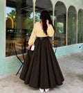 Lemon Glow Shirt with Dark Brown Flared Maxi Skirt Set