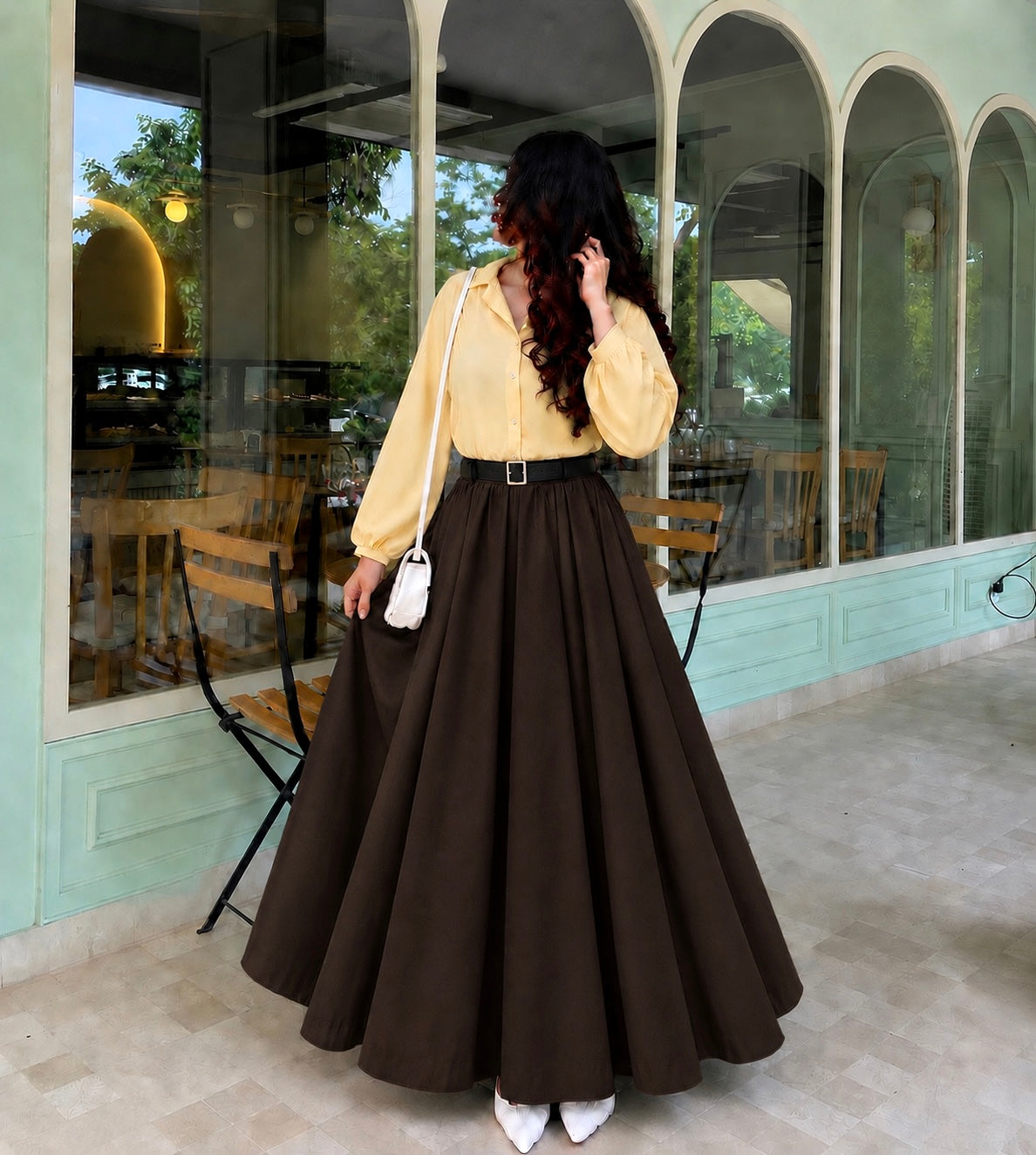 Lemon Glow Shirt with Dark Brown Flared Maxi Skirt Set