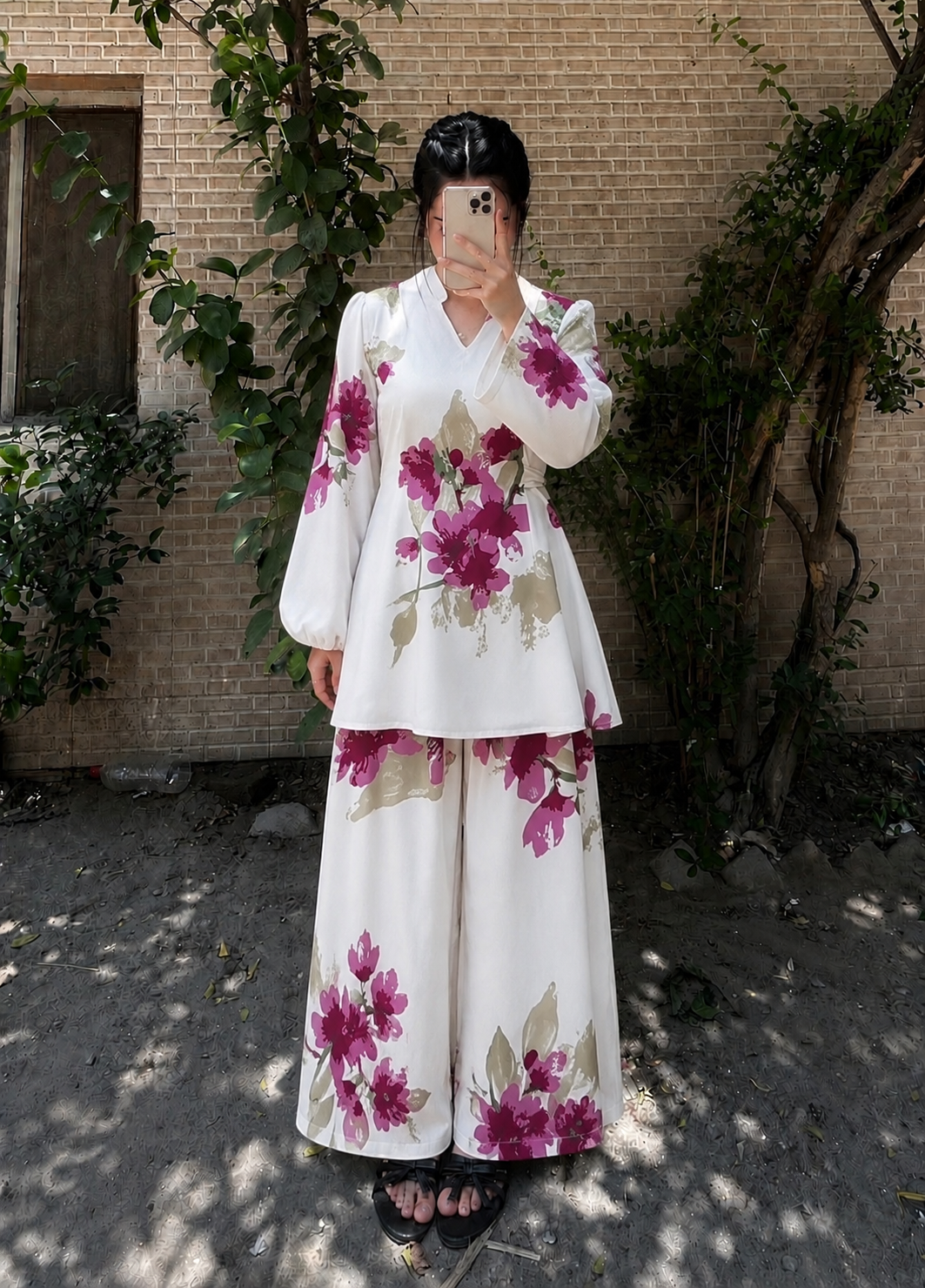Blossom Grace Co-Ord Set – White Floral Tunic & Wide-Leg Trouser