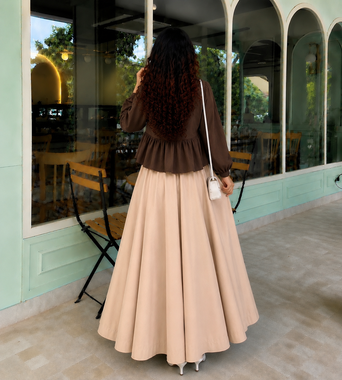 Mocha Grace Co-Ord Set – Chocolate Brown Peplum Shirt with Beige Flared Skirt