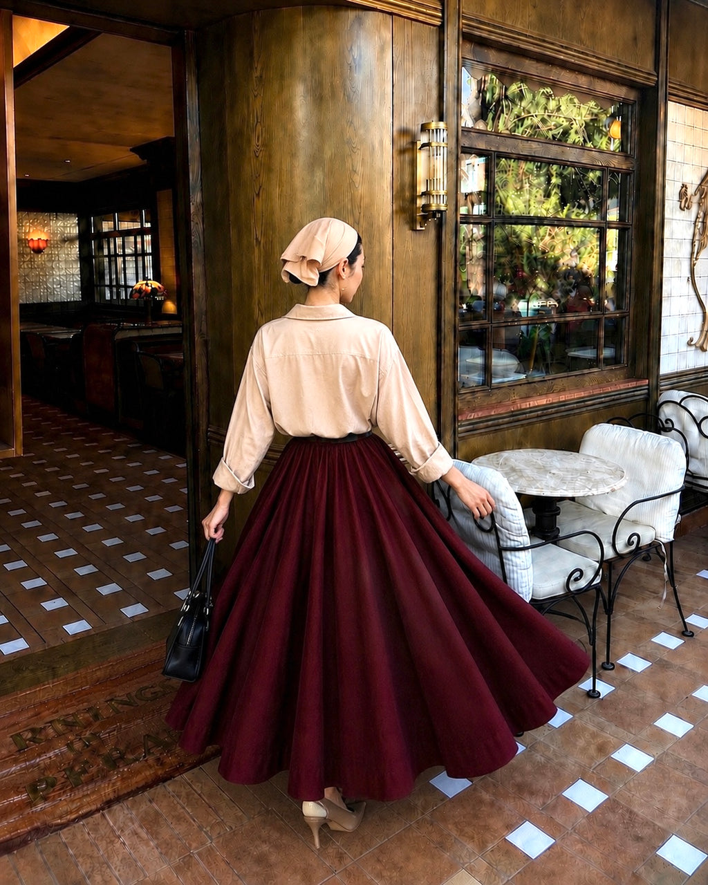 Maroon Flare Skirt with Beige Oversized Shirt Co-Ord Set
