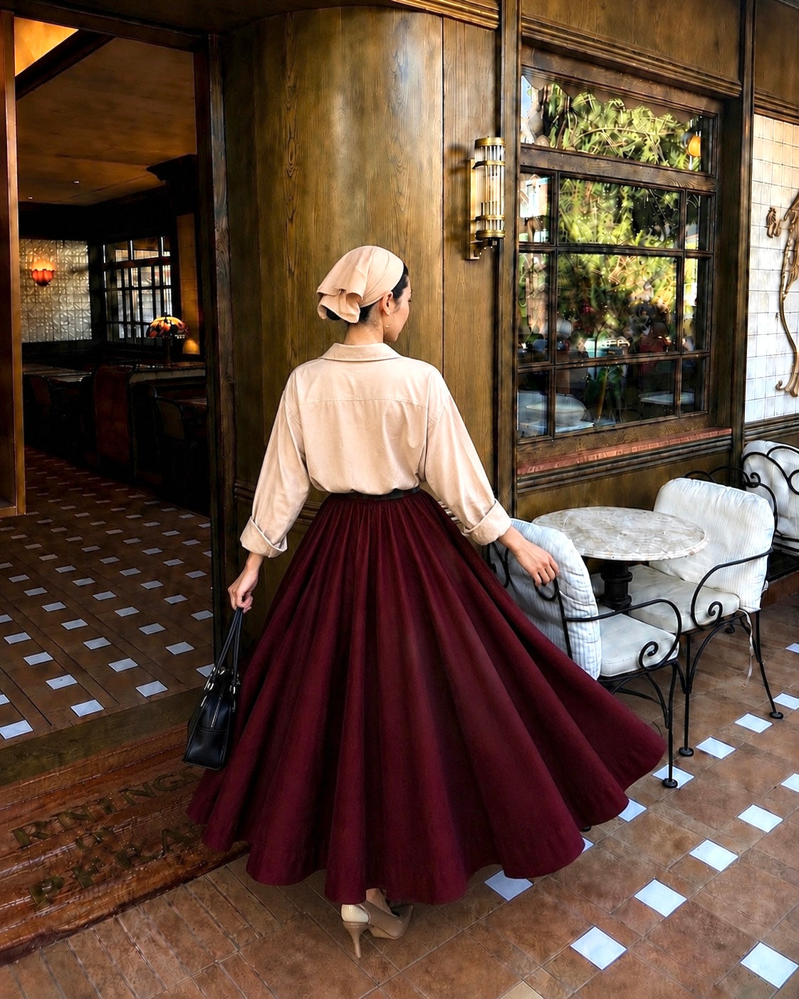Maroon Flare Skirt with Beige Oversized Shirt Co-Ord Set