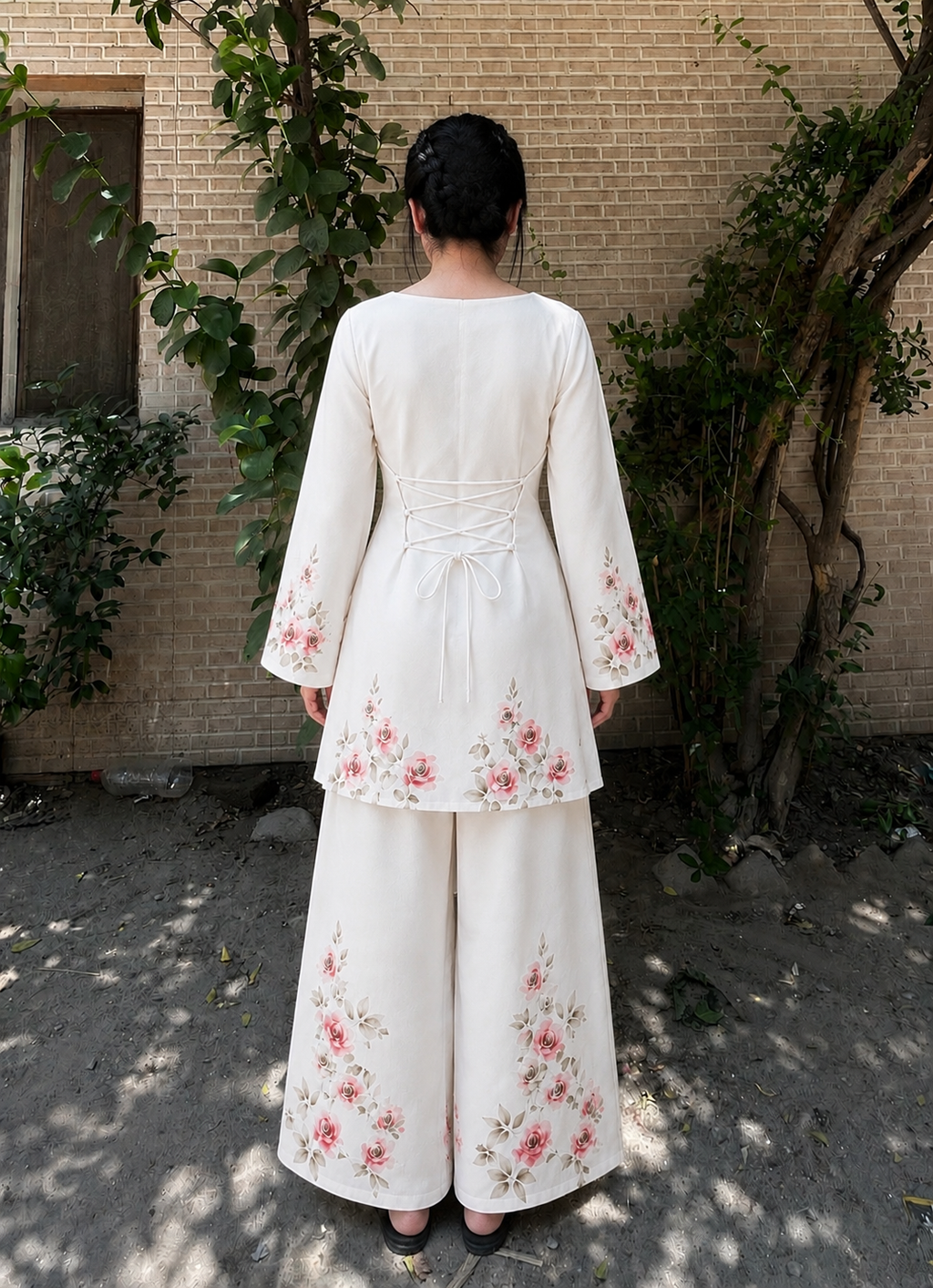 Ivory Rose Bloom Co-Ord Set – Floral Printed Shirt & Wide-Leg Trouser