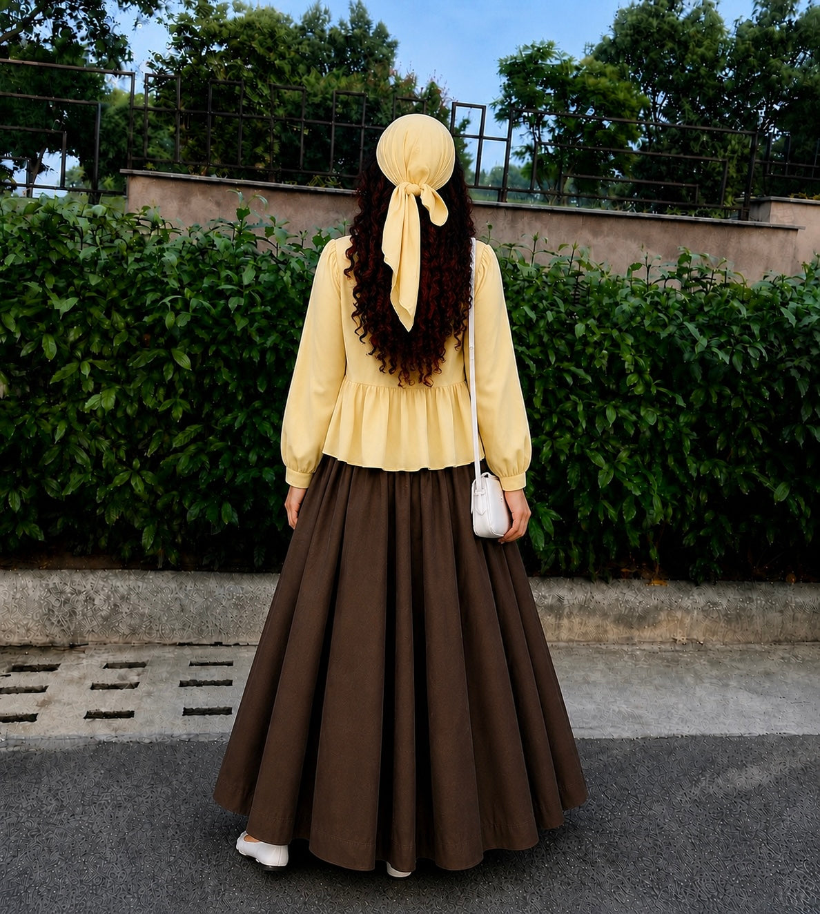 Butter Bloom Peplum Co-Ord Set | Butter Yellow Top & Chocolate Brown Flared Skirt