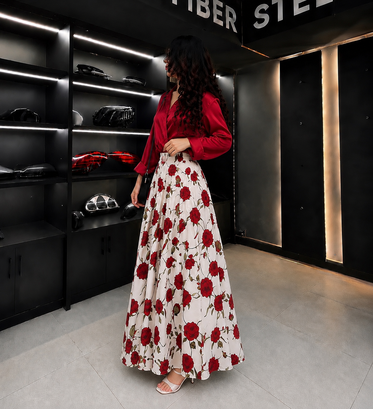 Ruby Rose Shirt with Floral Flared Maxi Skirt