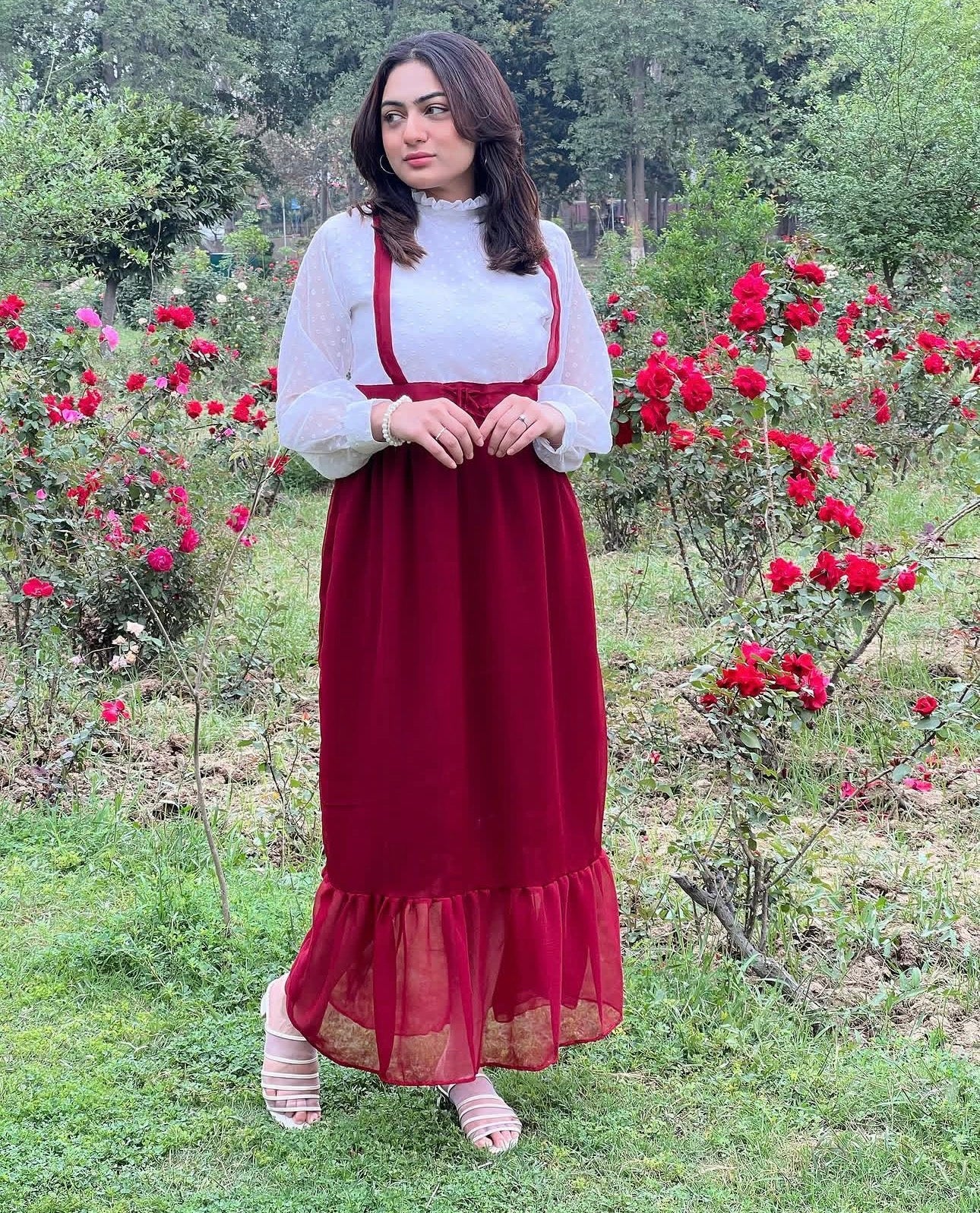 Ruby Grace Layered Maxi Dress – Maroon & White