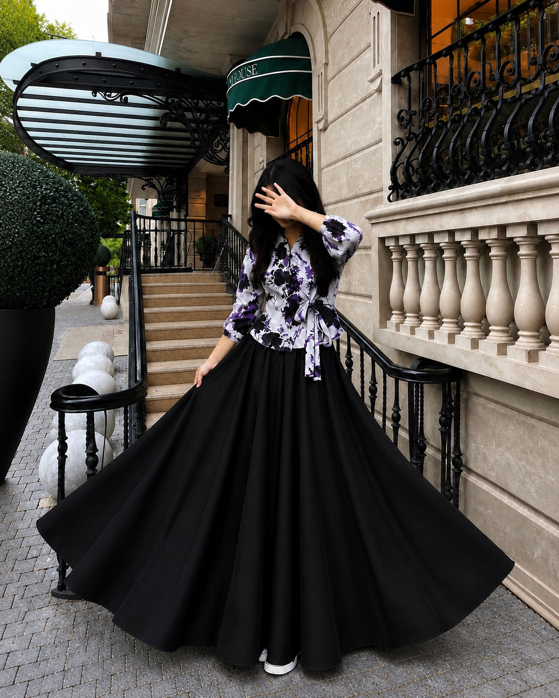 Midnight Bloom Floral Peplum Top & Flared Maxi Skirt Set