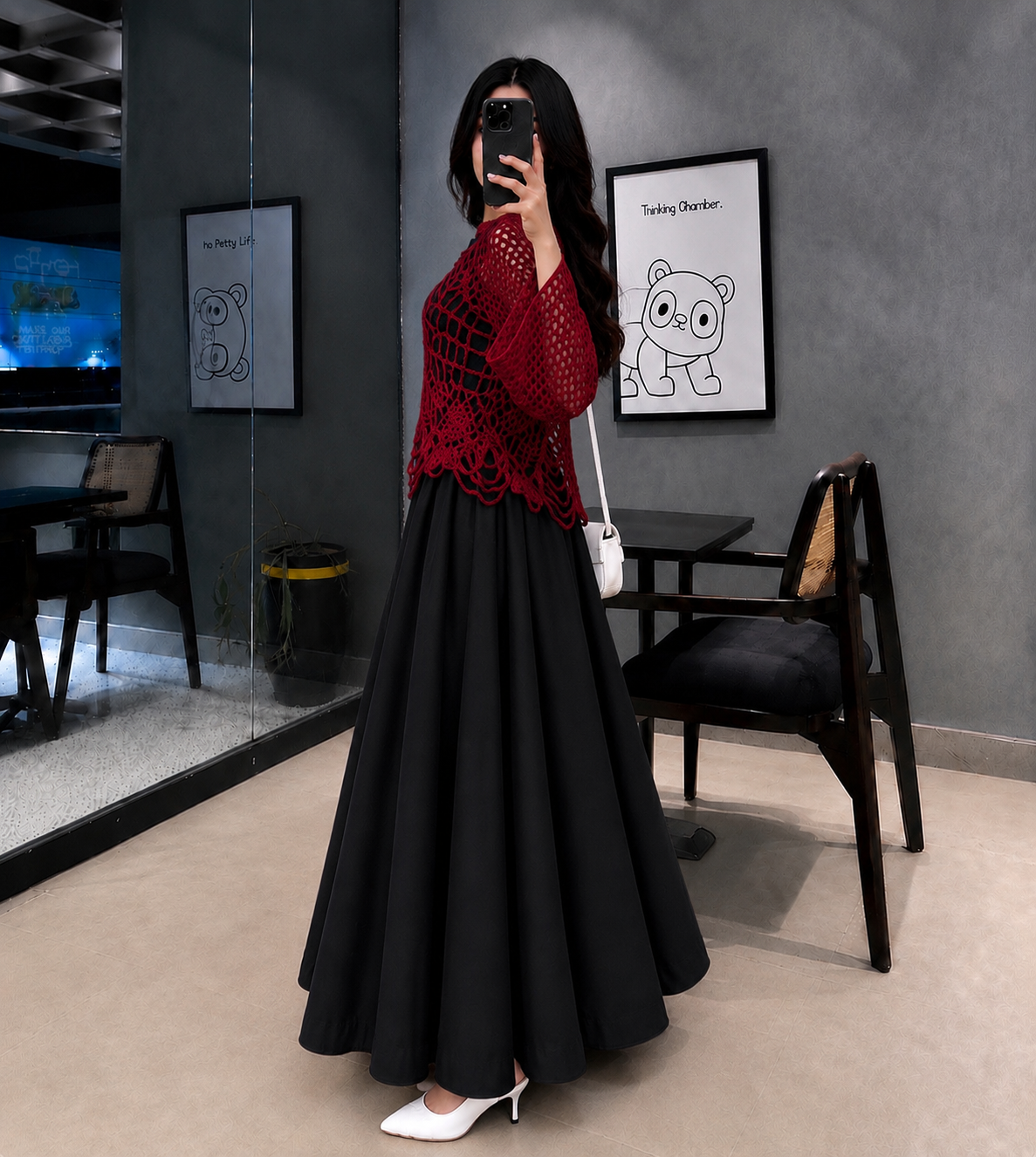 3-Piece Midnight Elegance Set – Handmade Crochet Overlay Top, Premium Black Shirt & Flared Maxi Skirt