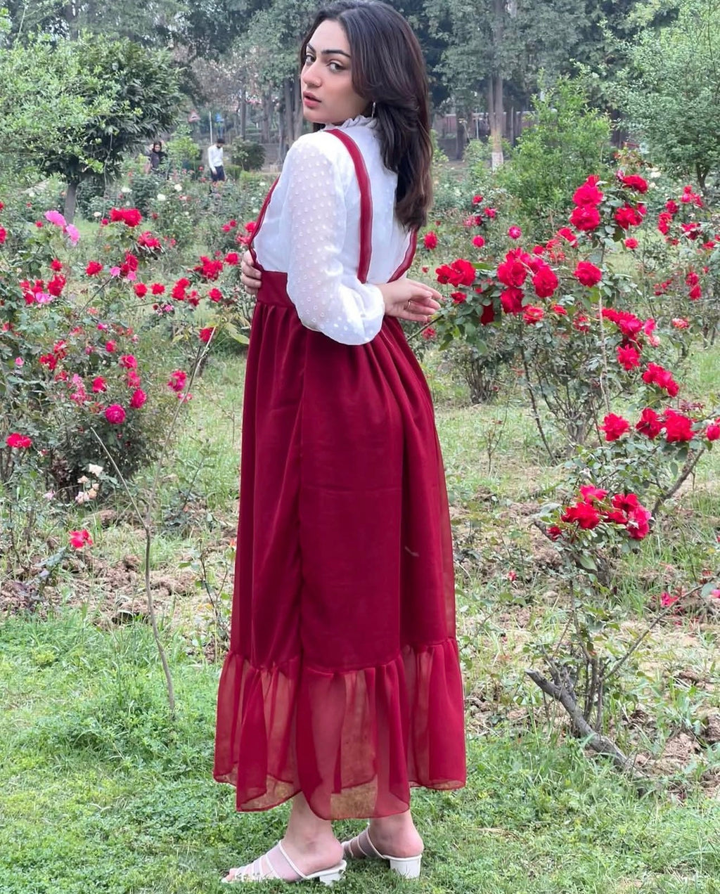Ruby Grace Layered Maxi Dress – Maroon & White
