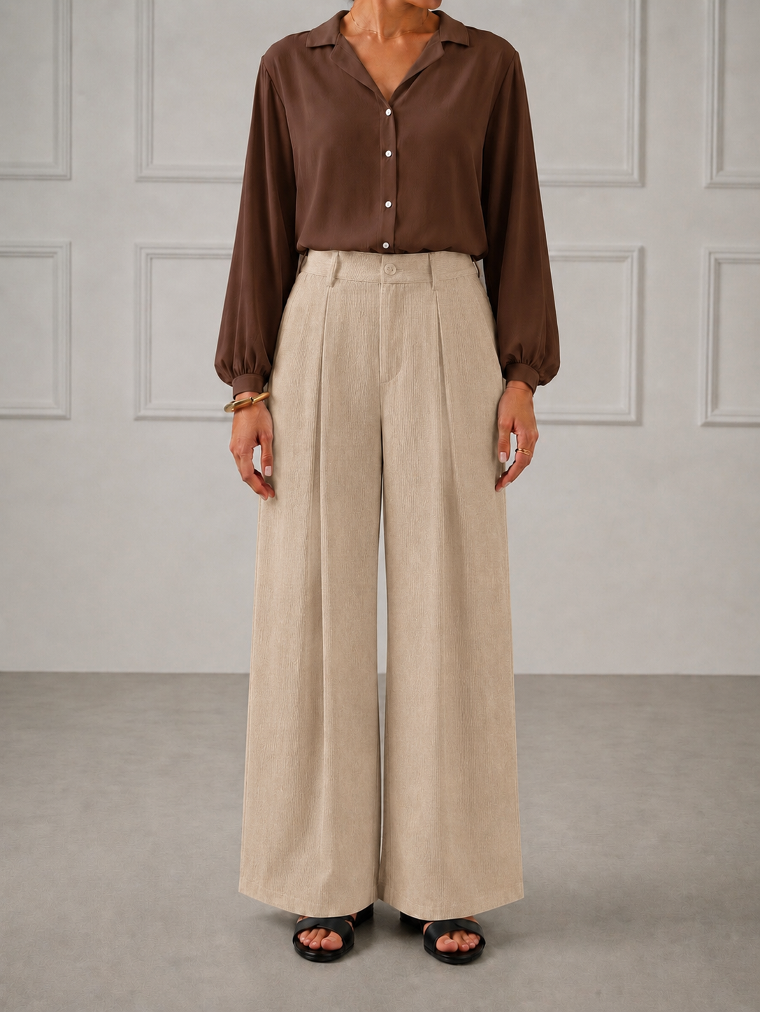 Mocha Brown Shirt with Beige Wide-Leg Trousers Co-Ord Set