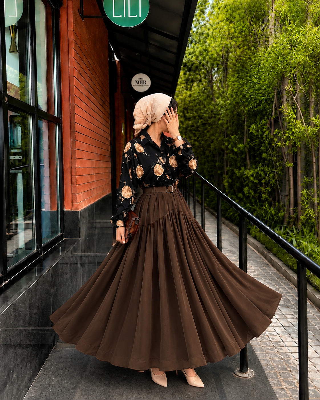 Mocha Bloom Maxi Skirt & Floral Shirt Set