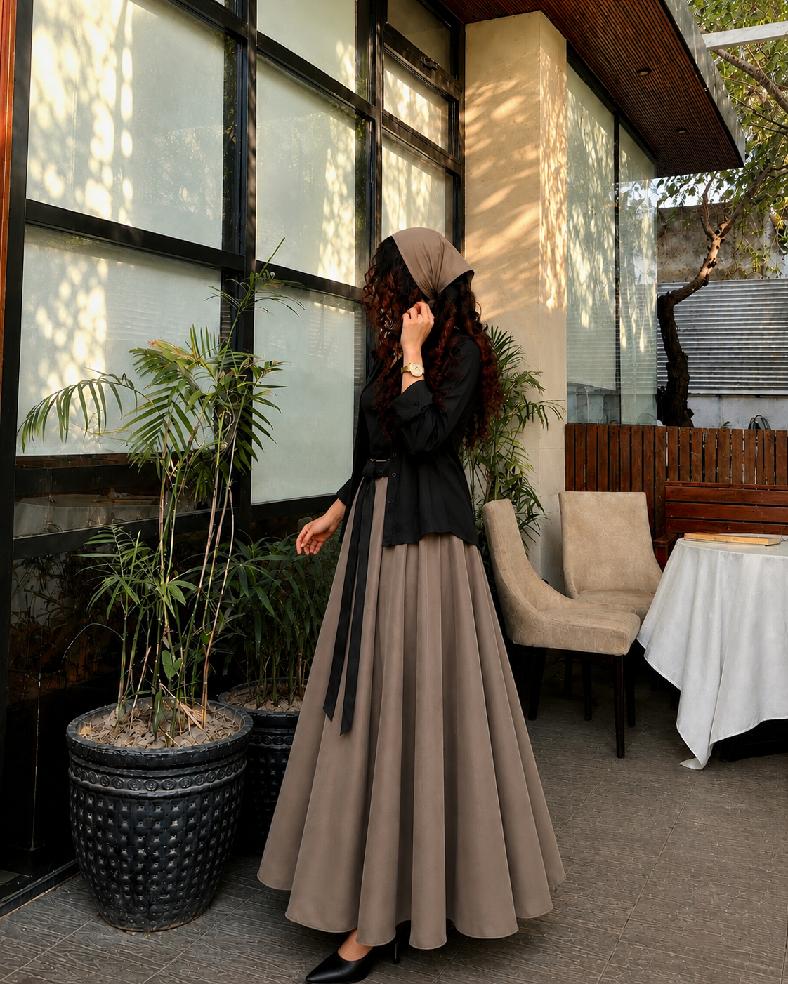 Taupe-Black Skirt& Shirt Co-Ord Set-