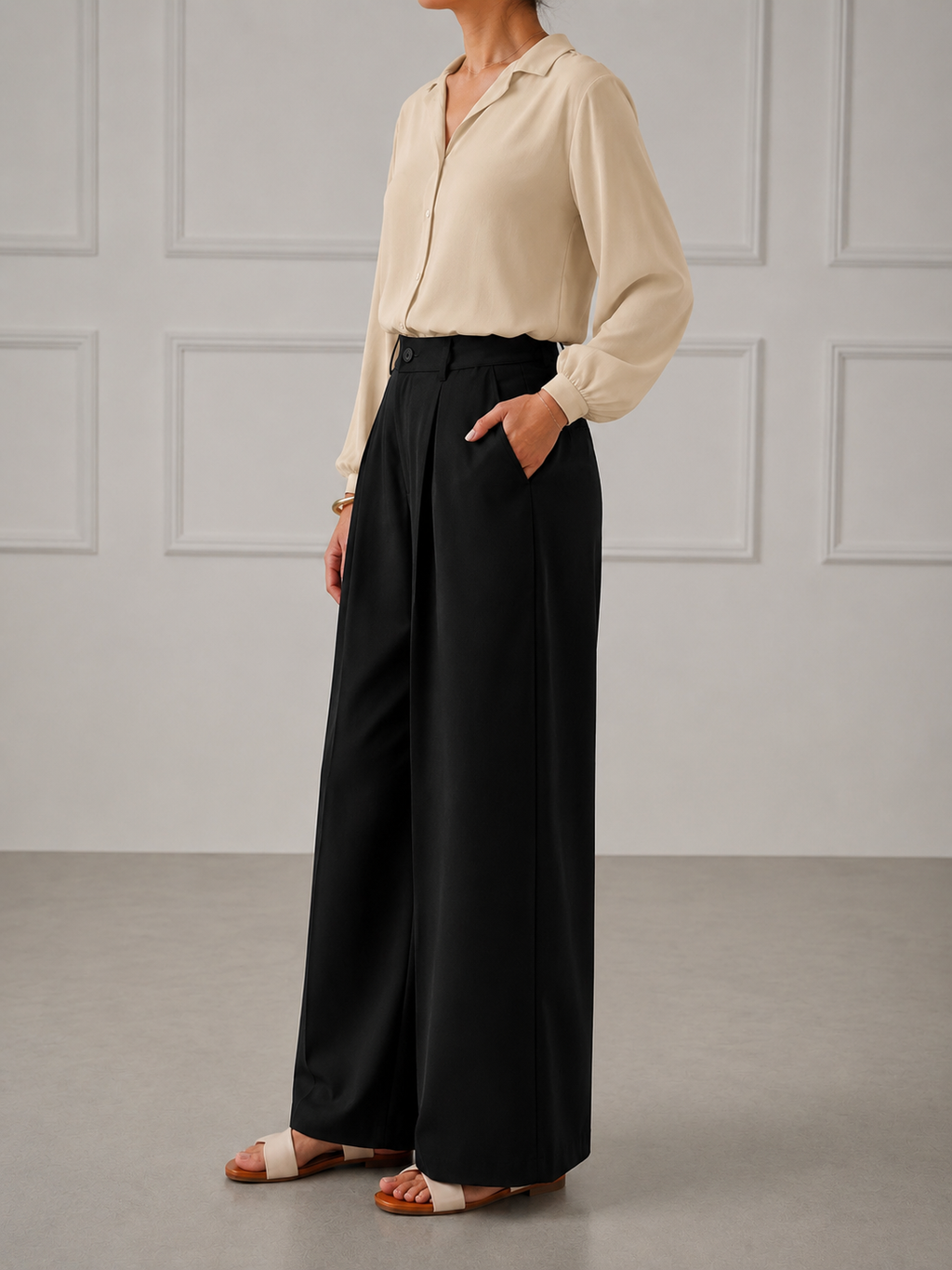 Elegant Beige Button-Down Blouse with Black Wide-Leg Trousers Co-Ord Set