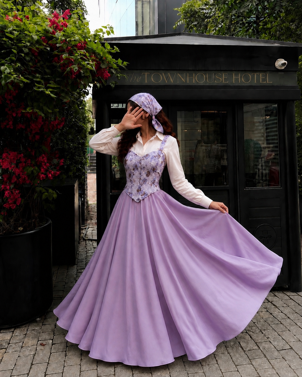 Lilac Bloom Corset & Flared Maxi Skirt Set with White Shirt