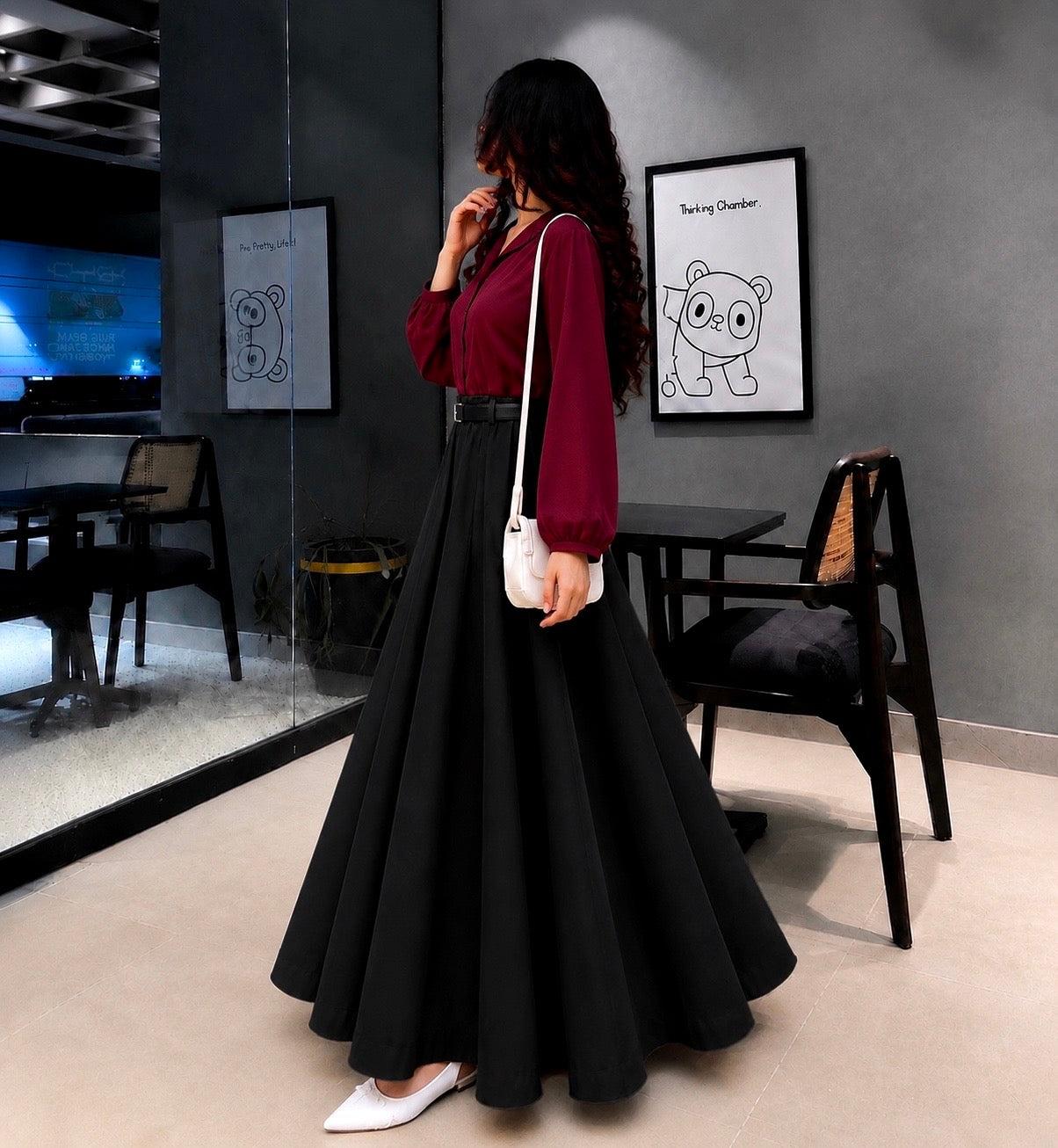 Burgundy Grace Shirt with Black Flared Maxi Skirt