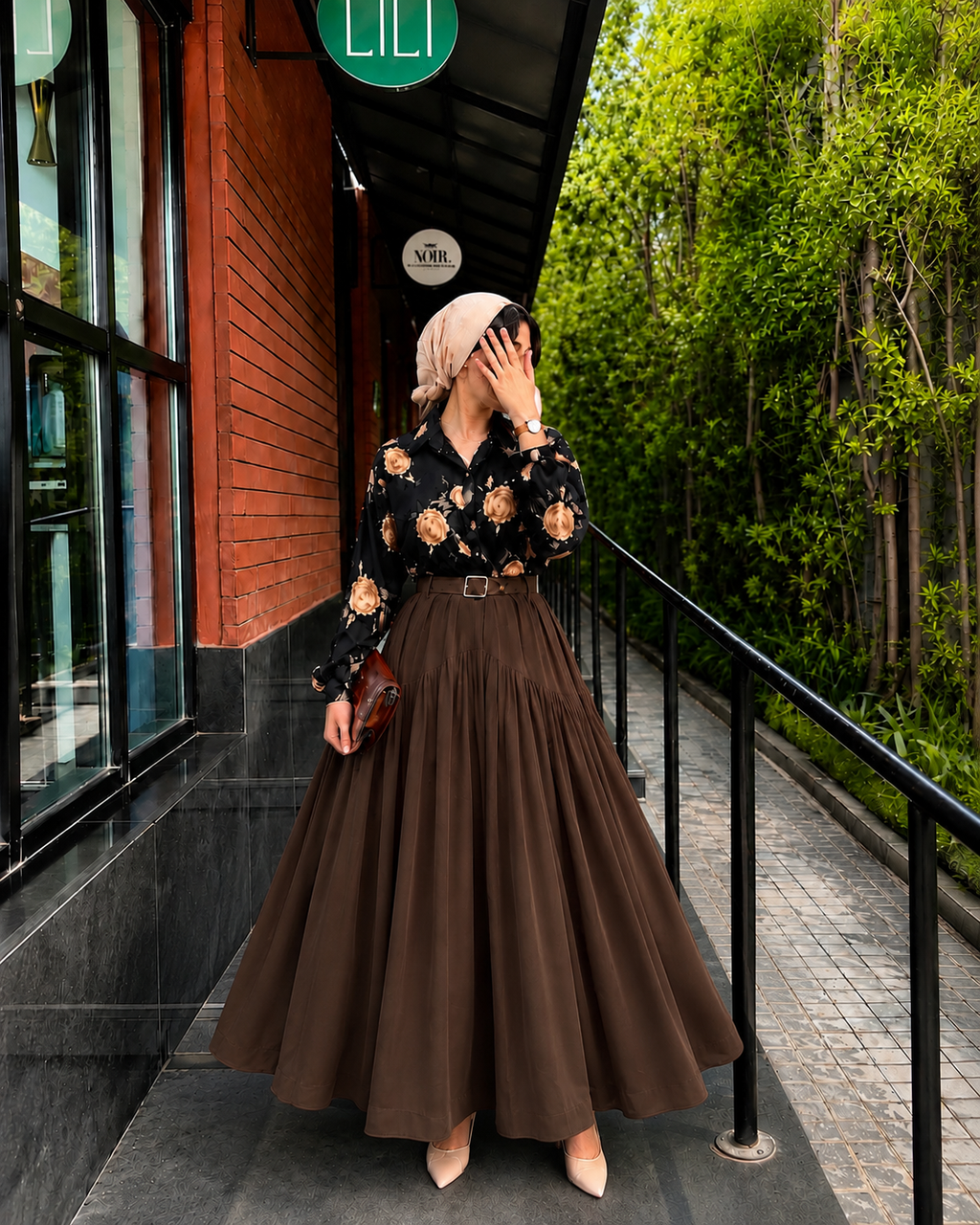 Mocha Bloom Maxi Skirt & Floral Shirt Set