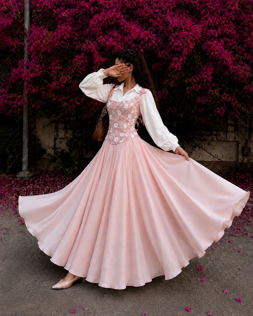 Blush Bloom Corset with skirt and White Puff Sleeve Shirt