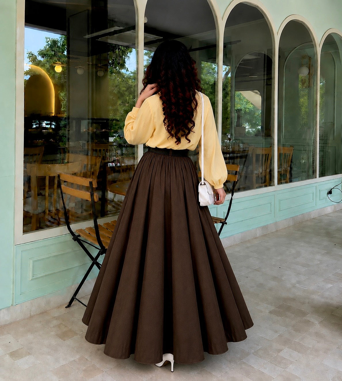 Lemon Glow Shirt with Dark Brown Flared Maxi Skirt Set