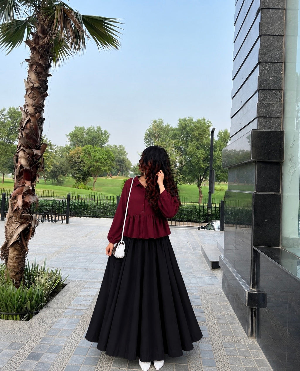 Elegant Maroon Peplum Shirt with Flared Black Maxi Skirt – 2 Piece Modest Co-Ord Set