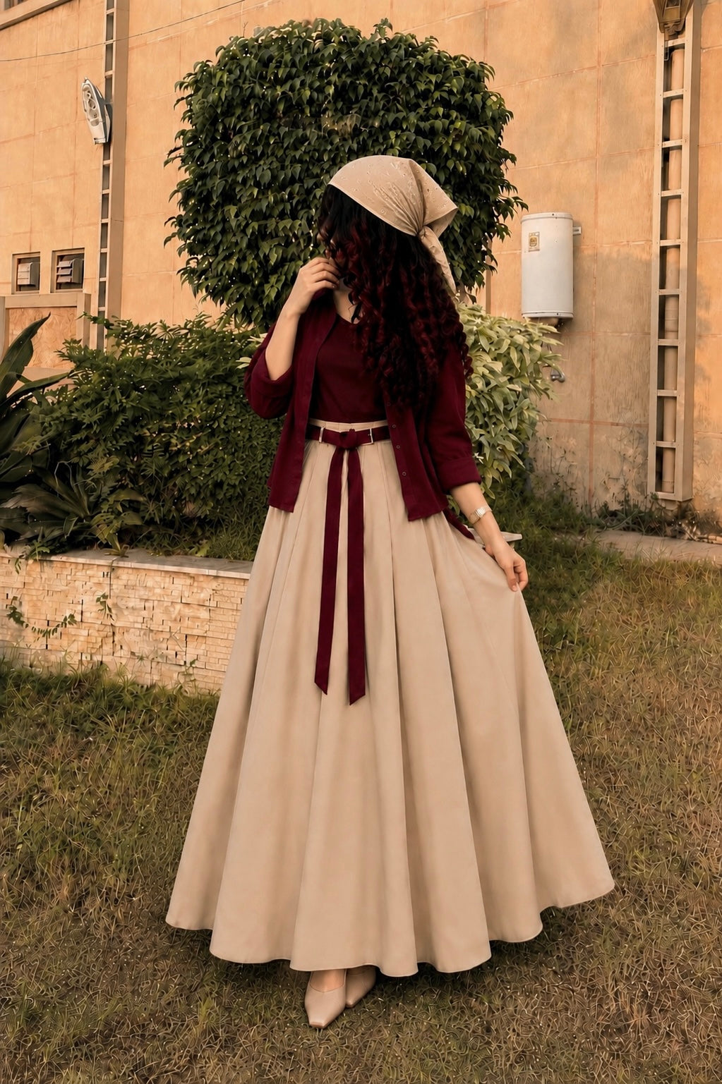 Maroon Beige Skirt &Shirt Co-Ord Set-