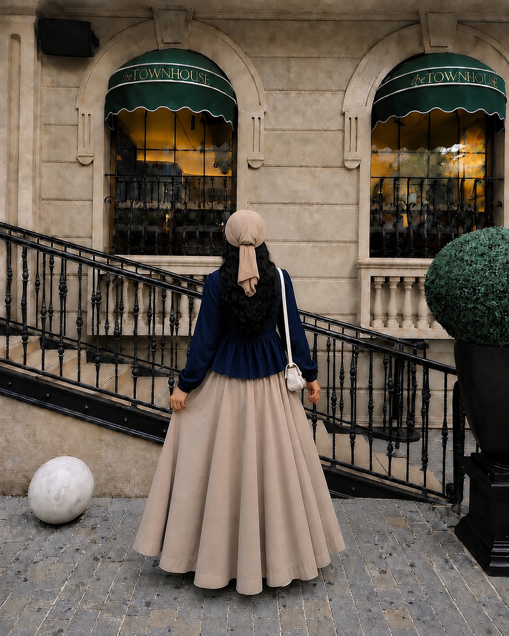 Midnight Grace – Navy Peplum Shirt with Flowing Beige Maxi Skirt