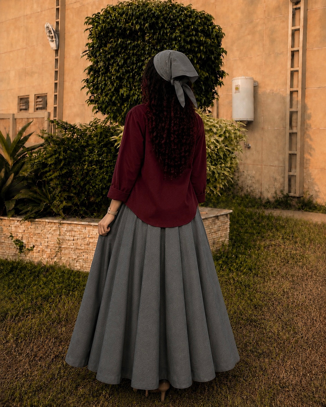 Maroon Grey Skirt &Shirt Co-Ord Set-