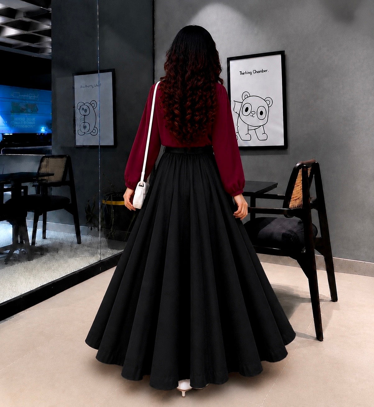 Burgundy Grace Shirt with Black Flared Maxi Skirt