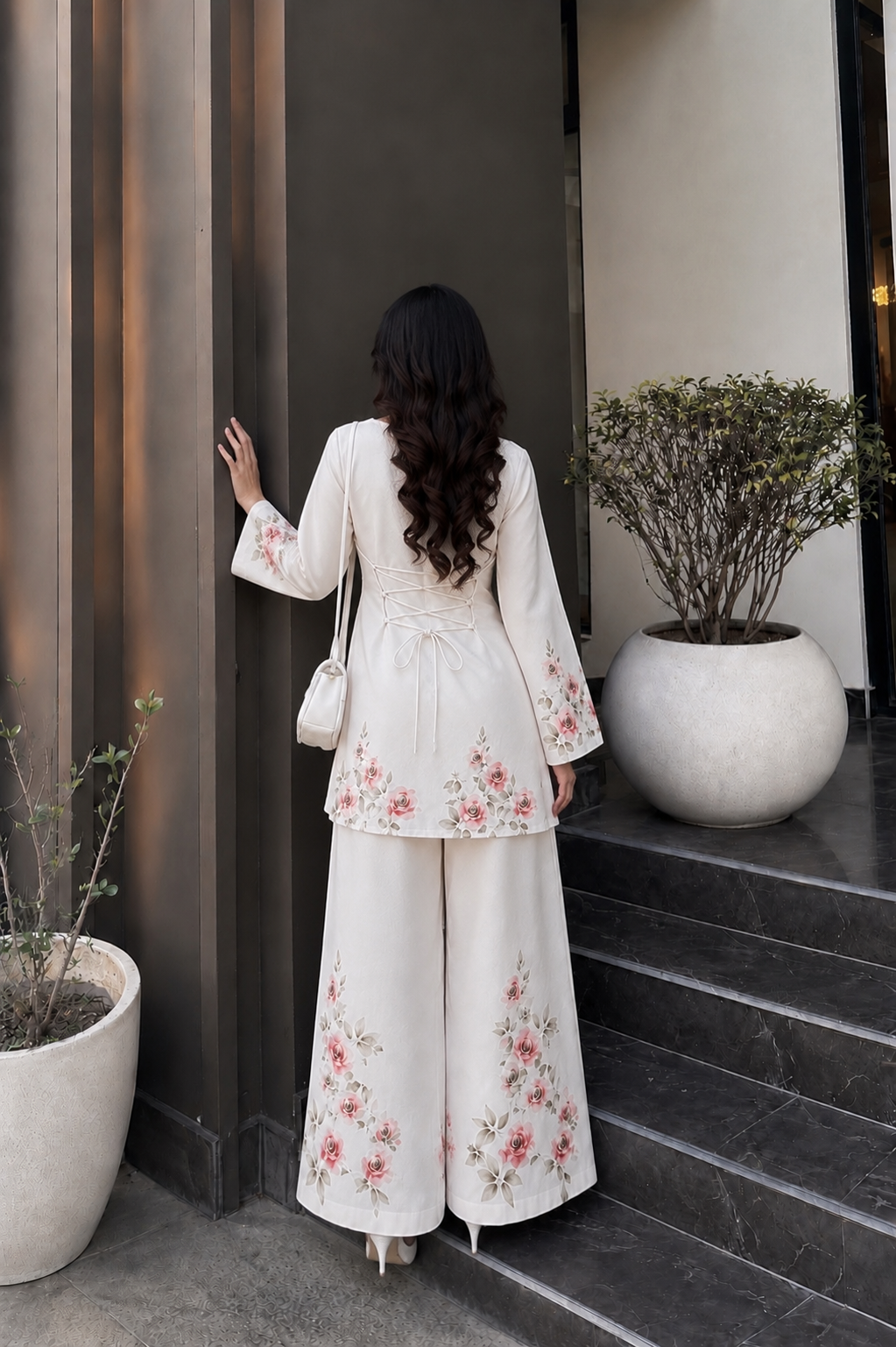 Ivory Rose Bloom Co-Ord Set – Floral Printed Shirt & Wide-Leg Trouser